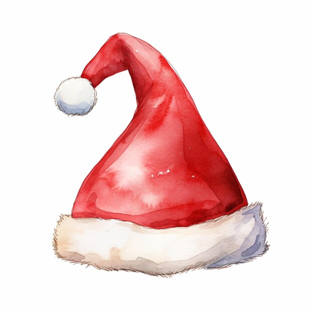 Há um desenho em aquarela de um chapéu de Papai Noel com um pom pom branco generativo ai