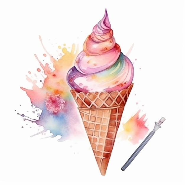 Há um desenho em aquarela de um cone de sorvete generativo ai