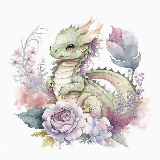 Há um desenho em aquarela de um dragão sentado em uma flor generativa ai