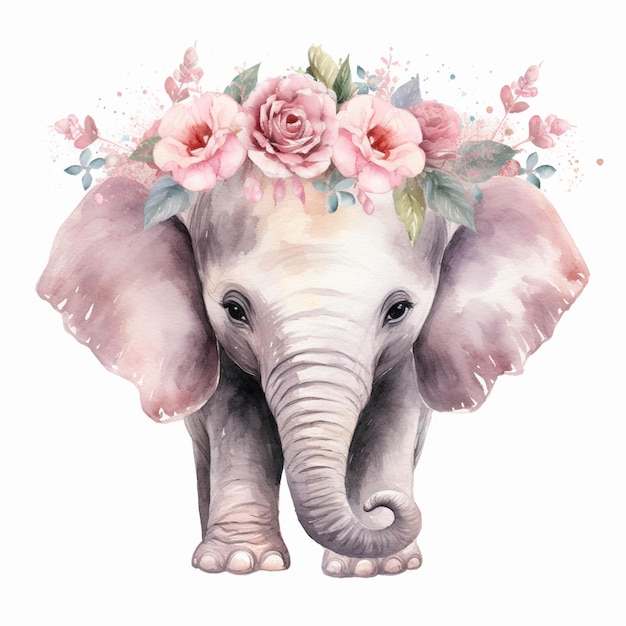 Há um desenho em aquarela de um elefante com flores na cabeça generativa ai