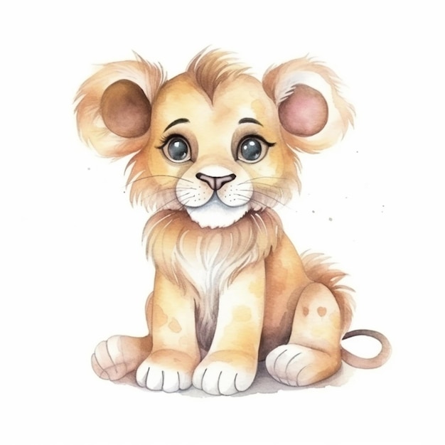 há um desenho em aquarela de um filhote de leão sentado generativo ai