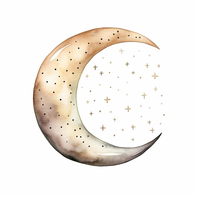 Há um desenho em aquarela de uma lua crescente com estrelas generativas ai