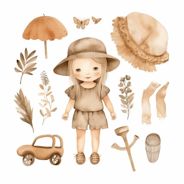 Há um desenho em aquarela de uma menina com um chapéu e um equipamento de jardim generativo ai