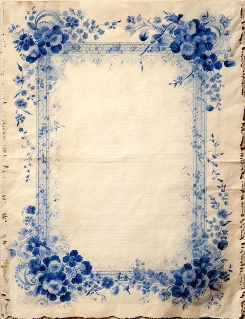 Há um desenho floral azul e branco em um pedaço de pano generativo ai
