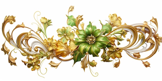 há um desenho floral dourado e verde em um fundo branco