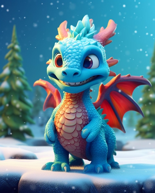 Há um dragão azul com asas laranjas de pé na neve generativo ai