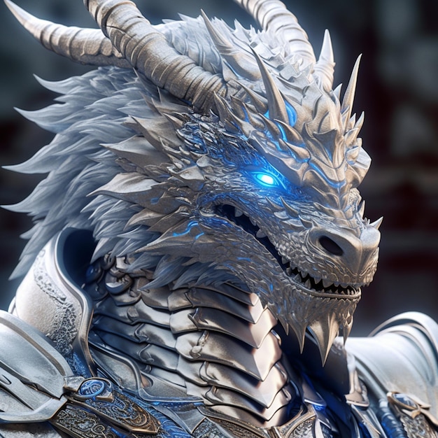 Há um dragão com olhos azuis e corpo prateado generativo ai