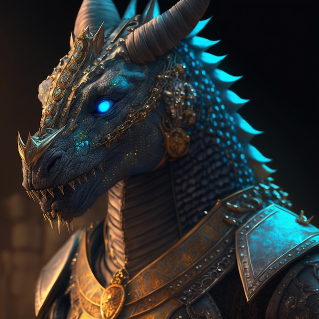 há um dragão com um olho azul e uma cabeça dourada geradora de IA