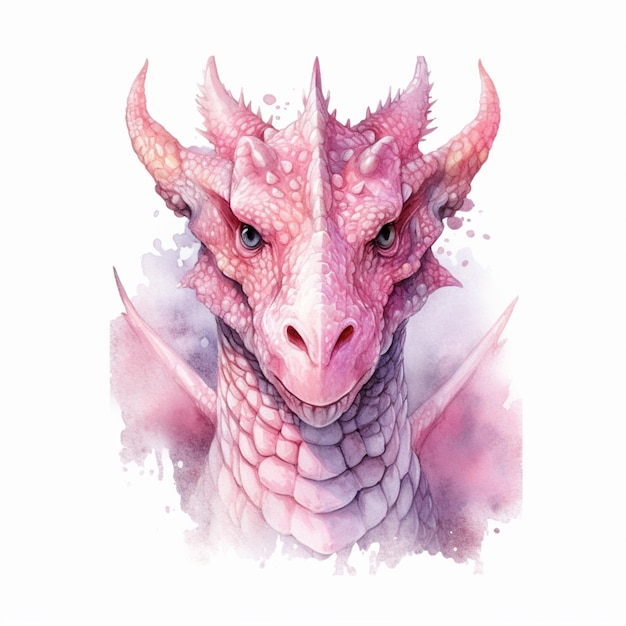 Há um dragão com uma cabeça rosa e chifres nele.