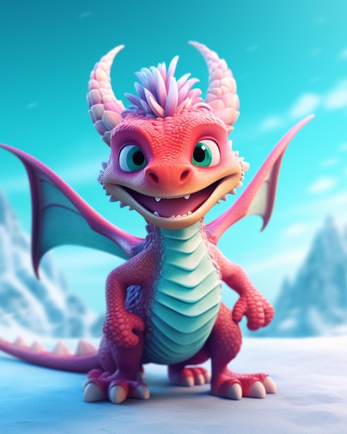 Há um dragão de desenho animado com um grande sorriso no rosto.