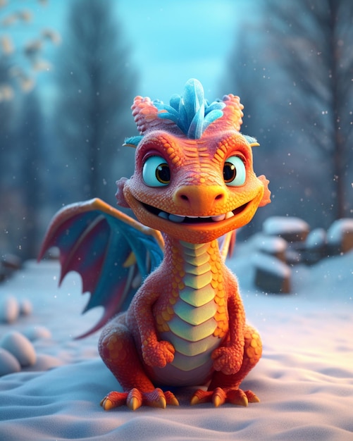 Há um dragão de desenho animado sentado em uma colina coberta de neve.
