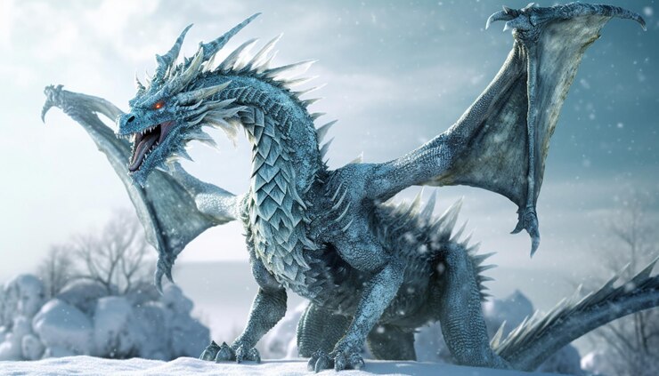 Foto há um dragão que está de pé na neve generativo ai