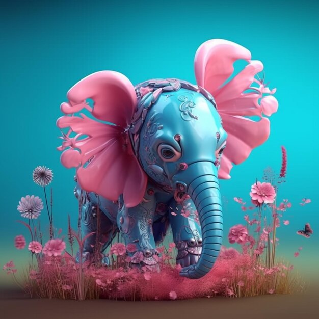 Há um elefante azul com orelhas cor-de-rosa de pé em um campo de flores generativo ai