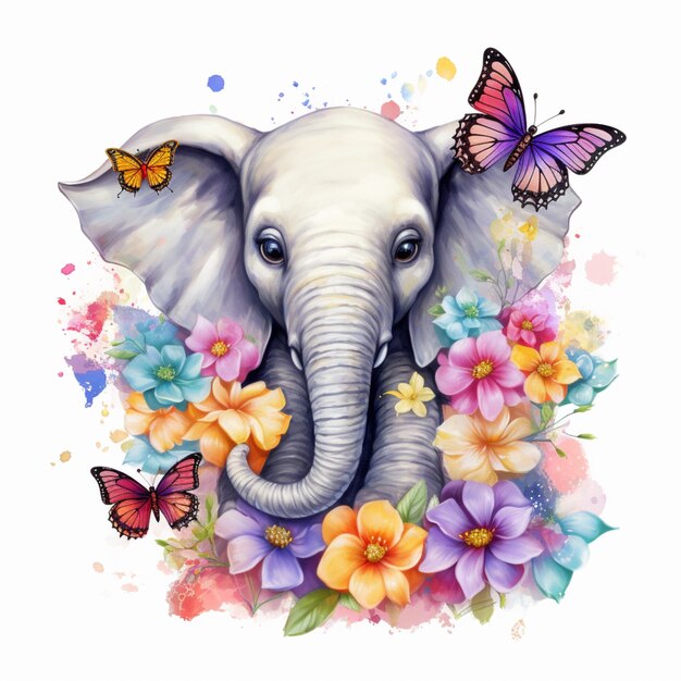 há um elefante com flores e borboletas em torno dele generativo ai