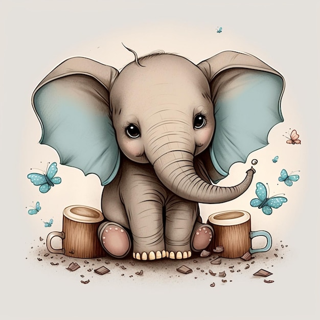Há um elefante de desenho animado sentado em um toco com um copo ai generativo