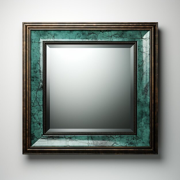 Foto há um espelho com uma moldura de mármore verde na parede.