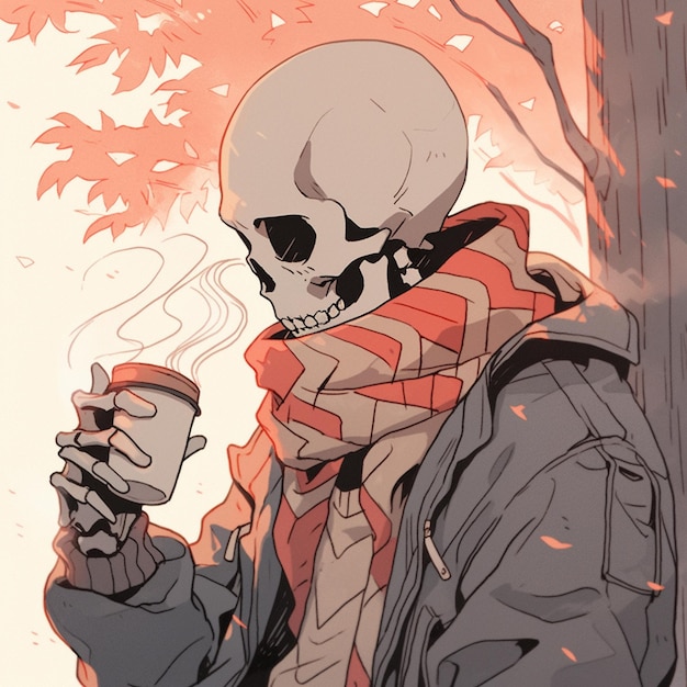 Há um esqueleto segurando uma chávena de café na mão.