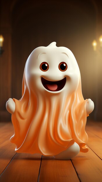 Foto há um fantasma com um longo cabelo laranja num chão de madeira.