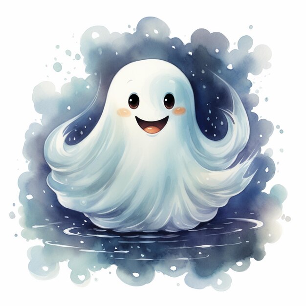 Há um fantasma de desenho animado flutuando na água com bolhas generativas ai