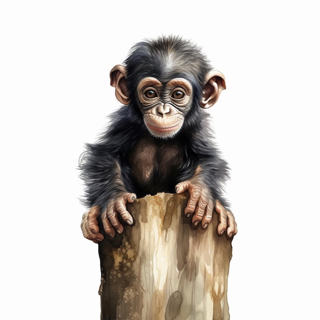 há um filhote de chimpanzé sentado em um toco com as patas nele generativo ai