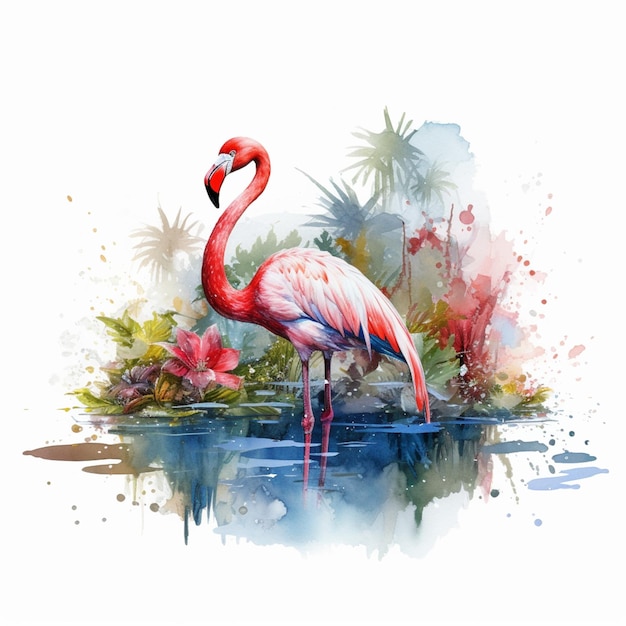 há um flamingo parado na água com uma flor rosa generativa ai