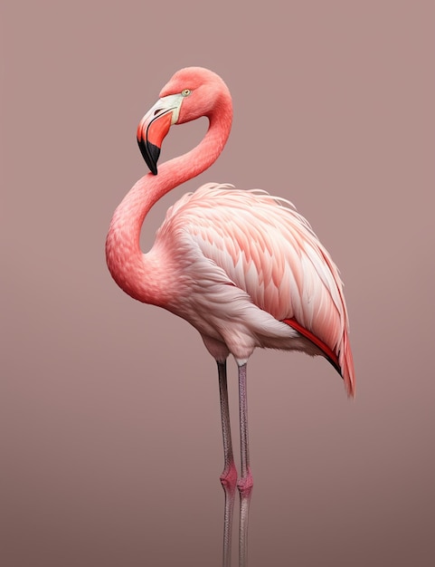 Há um flamingo rosa de pé em um bastão com a cabeça virada generativa ai