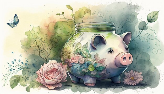 Foto há um frasco de porco com flores e uma borboleta nele.
