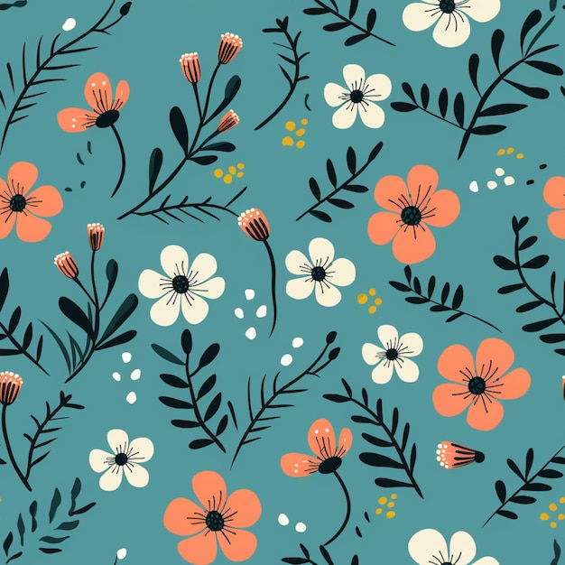 há um fundo azul com um padrão de flores e folhas generativo ai