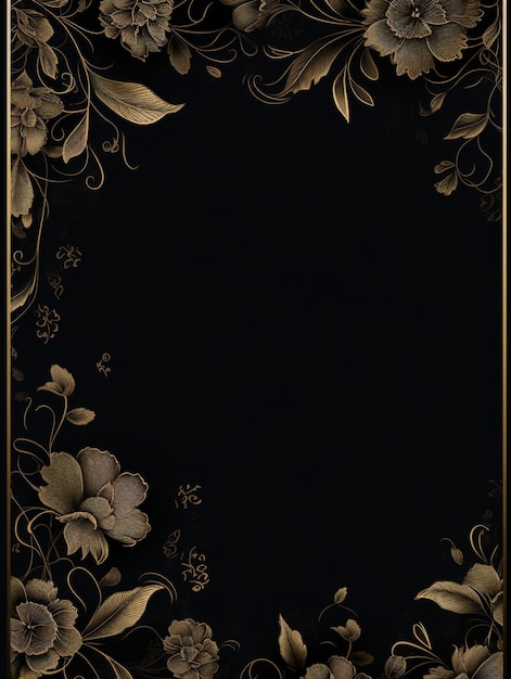 Foto há um fundo floral preto e dourado com uma borda dourada generativa ai