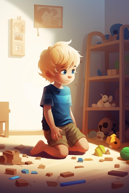 há um garoto de desenho animado sentado no chão brincando com brinquedos generativos ai