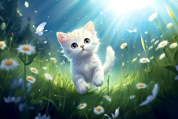 Há um gatinho branco caminhando por um campo de margaridas generativas ai