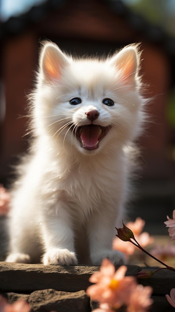 há um gatinho branco que está parado em uma pedra gerando IA