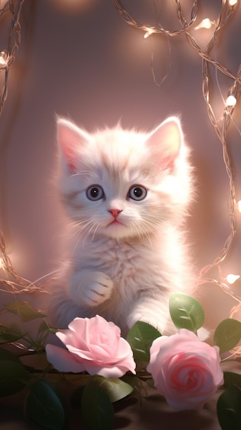 Há um gatinho branco sentado em um arranjo de flores com luzes generativas ai