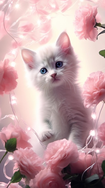 há um gatinho branco sentado em um arranjo de flores rosa generativo ai