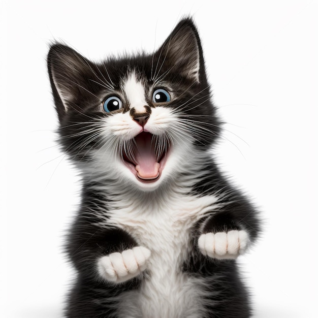 Há um gatinho preto e branco com a boca aberta generativo ai