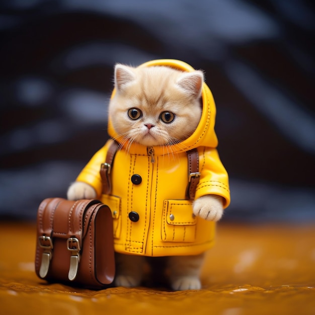 há um gatinho vestindo uma capa de chuva amarela e segurando uma mala ai generativa