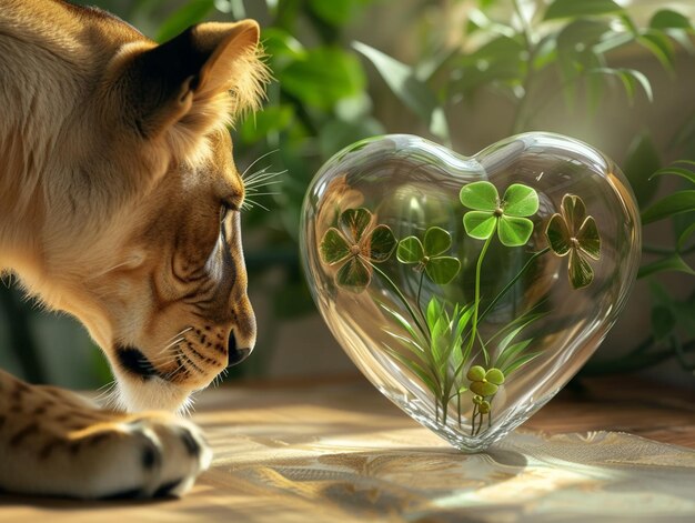 Há um gato a cheirar um vaso em forma de coração de vidro com uma planta dentro.