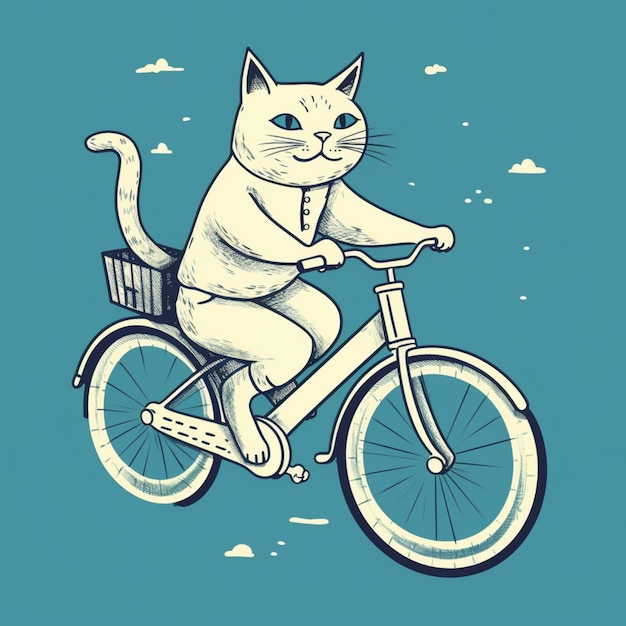 há um gato andando de bicicleta com uma cesta na parte de trás