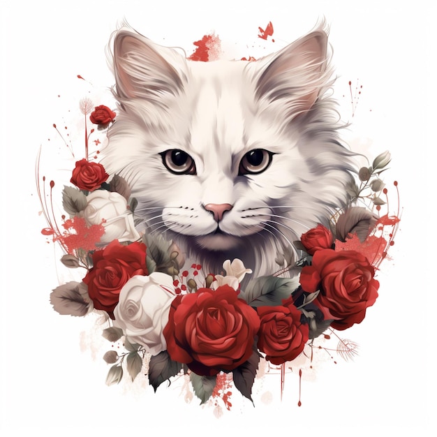 Há um gato branco com olhos azuis e rosas vermelhas generativo ai