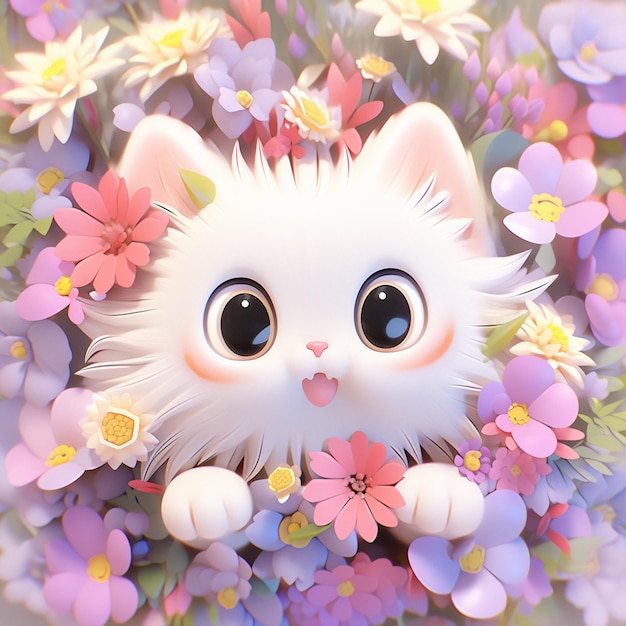 há um gato branco com olhos grandes e nariz rosa cercado por flores generativas ai