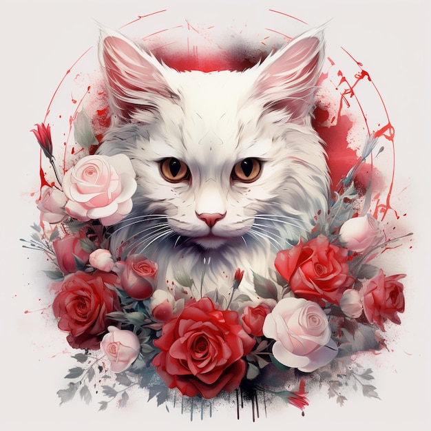 há um gato branco com rosas vermelhas em torno dele generativo ai
