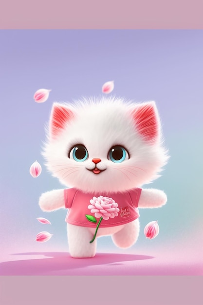 Há um gato branco com uma camisa rosa e uma flor generativa ai