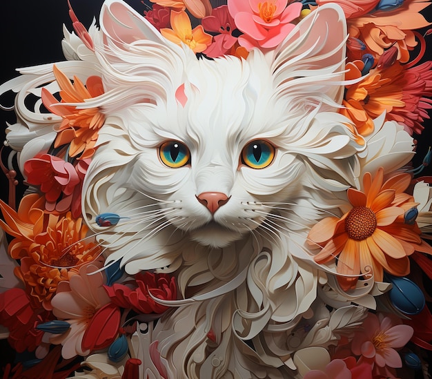 há um gato branco com uma coroa de flores na cabeça ai generativo