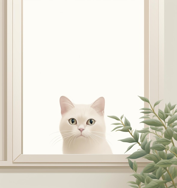 Há um gato branco olhando pela janela com uma planta generativa ai