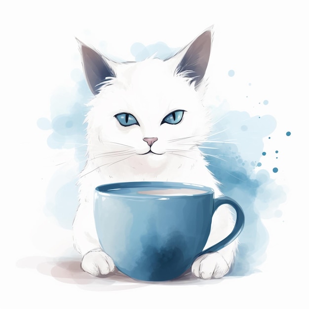 Há um gato branco sentado ao lado de um copo azul generativo ai