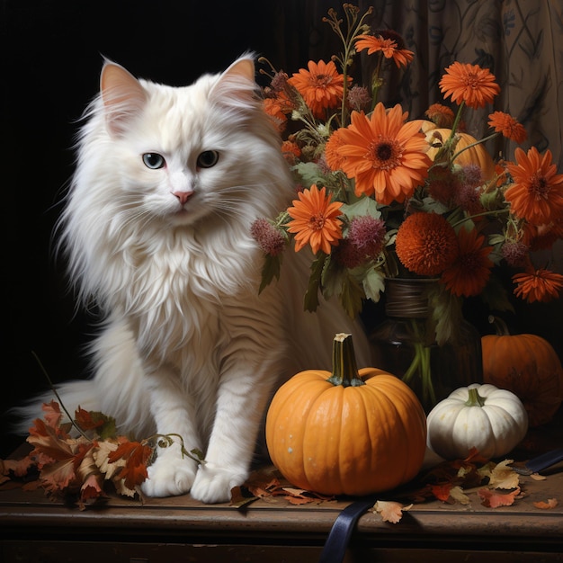 Há um gato branco sentado ao lado de um vaso de flores e uma abóbora generativa ai