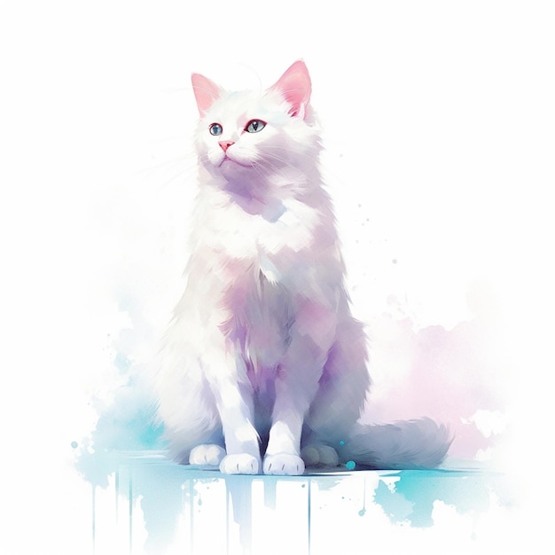 há um gato branco sentado em uma superfície branca com aquarelas generativas ai