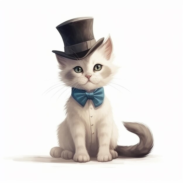 Há um gato branco vestindo um chapéu alto e uma gravata azul generativa ai
