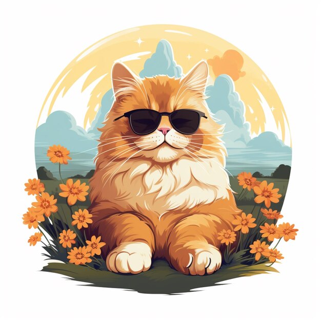 Há um gato com óculos de sol sentado na grama generativa ai