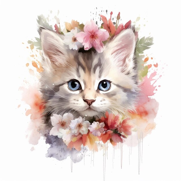 Há um gato com olhos azuis e flores na cabeça generativo ai